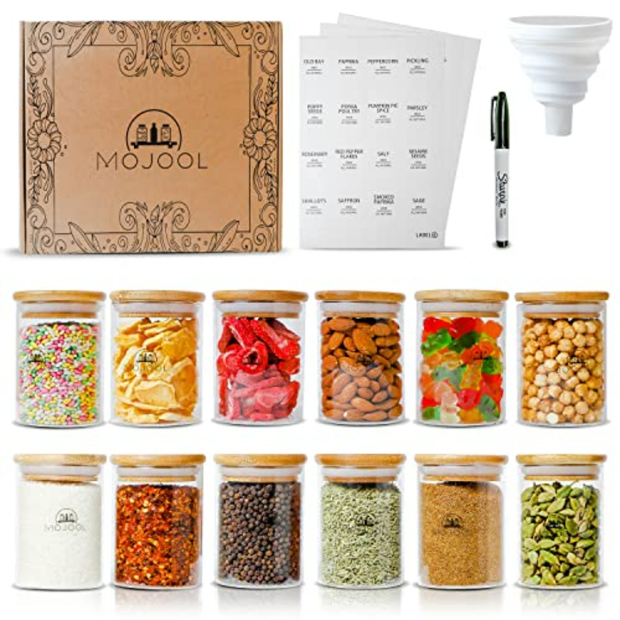 Spice Jar Labels - 4/12 Pieces Glass Spice Jars with