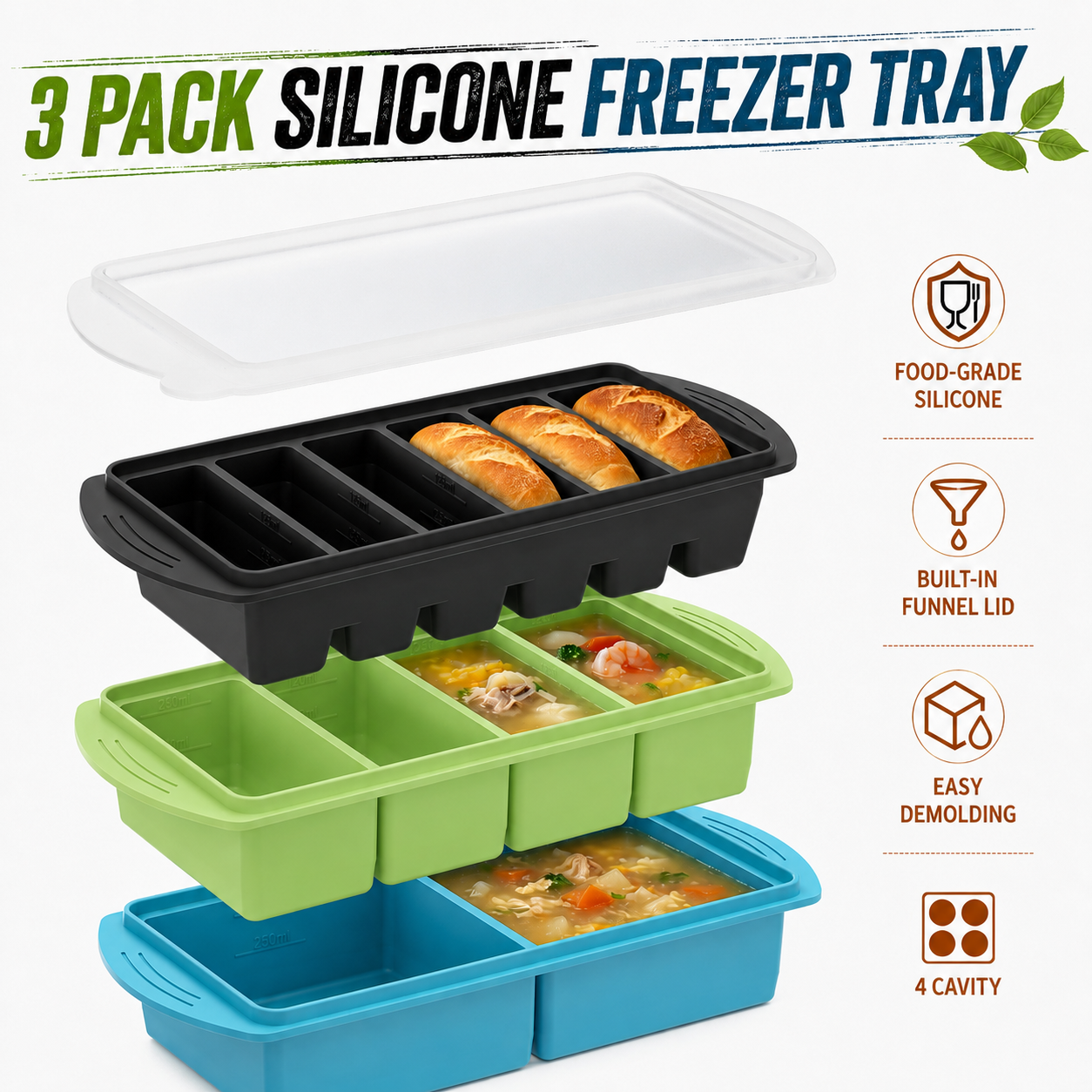 3 Pack Silicone Freezer Trays  – обзор и цена Meal Prep Kit